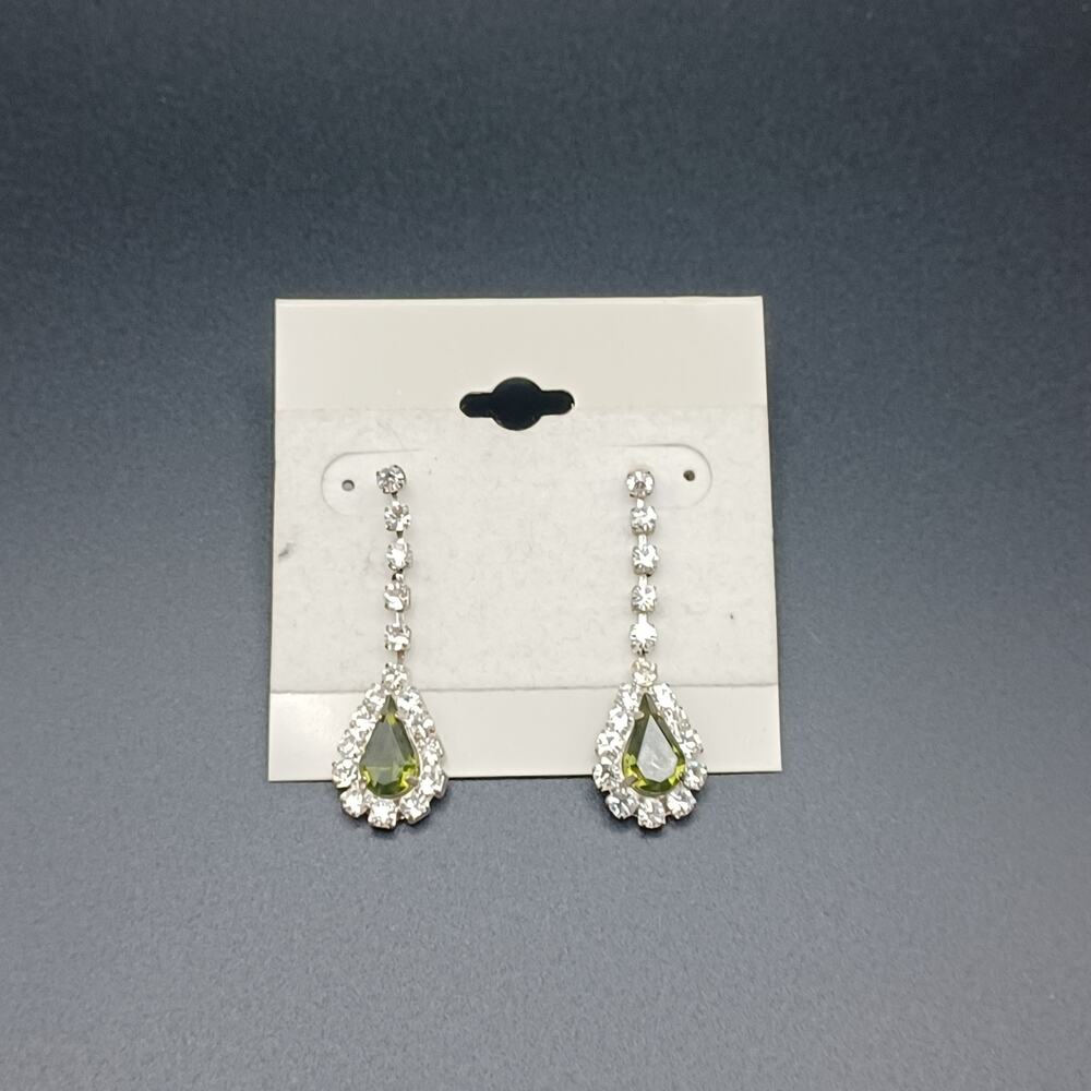 Olive Green Rhinestone Teardrop Drop Earrings